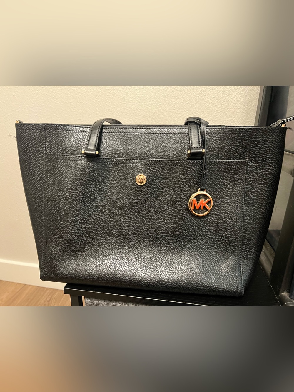Michael Kors Black Pebbled Leather Tote with Gold MK Charm